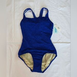 KRINKLE PENBROOKE BLUE ONE PIECE SWIMSUIT, SIZE 14, NEW